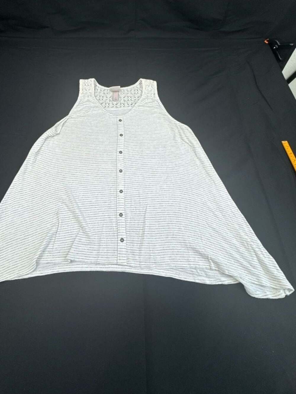 Knox Rose Women's Gray White Striped Button Front Crochet Lace Back Tank Top